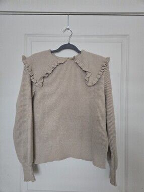 FRIFUL Ruffle Collar Knit Sweater – Size Small – Beige/Oatmeal